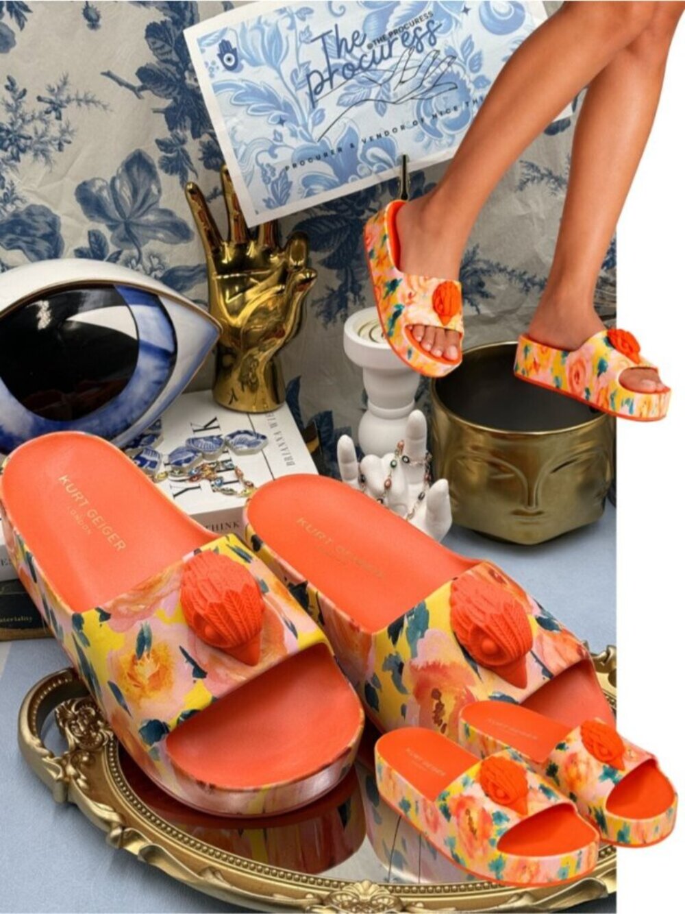 🆕 KURT GEIGER LONDON 🧿 NWOB Eagle Chunky Rubber Slide, Orange Floral, Sz US 7